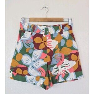 Maison d’Amelie Floral Linen Shorts Belted High Waist Colorful Size 2